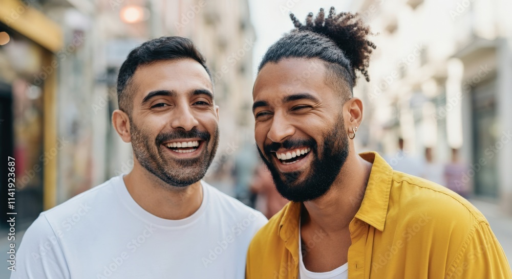 Joyful urban stroll with two diverse young men Joyful urban stroll with two diverse young men