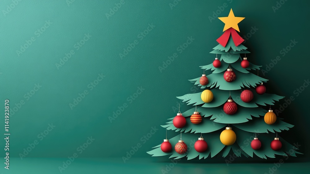 Paper Cut Out Merry Christmas Tree Illustration with Colorful Ornaments on Green Background Paper Cut Out Merry Christmas Tree Illustration with Colorful Ornaments on Green Background