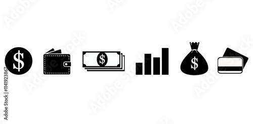 A vector image of six financial icons in a row: a dollar sign in a circle, a wallet, a stack of dollar bills with a dollar sign on top, a bar chart with increasing heights, a money bag with a dollar s