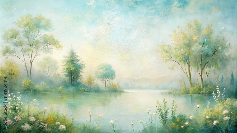 Fototapeta premium Serene Lakeside Vista Tranquil Springtime Landscape with Lush Greenery and Calm Waters