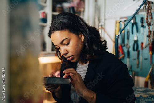 Female store owner examining product while working at antique store photo