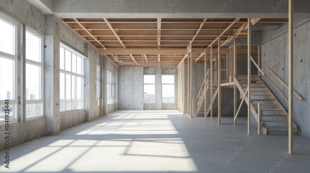 Unfinished building interior with wood framing and concrete walls. Unfinished building interior with wood framing and concrete walls.