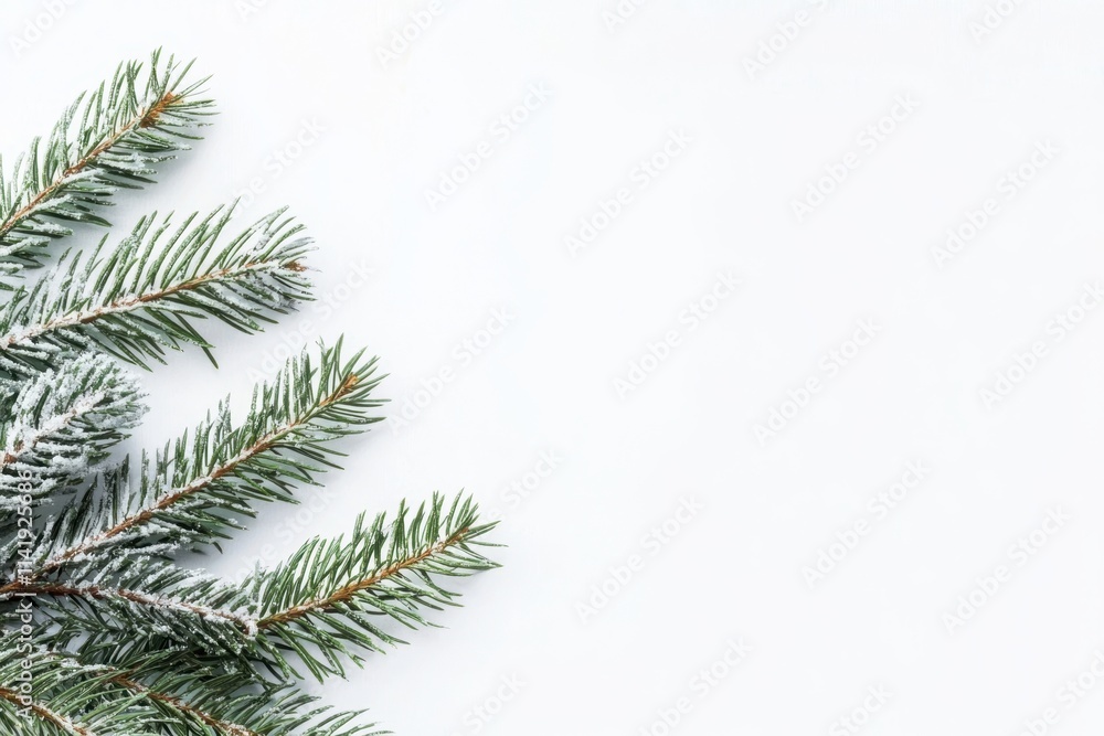 Snow-dusted pine branches against a clean white background. Snow-dusted pine branches against a clean white background.