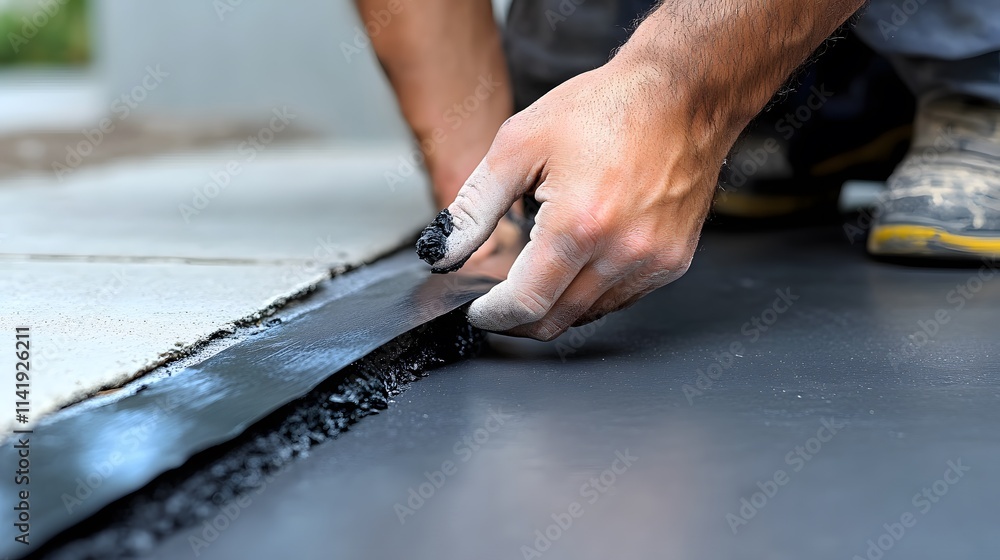 Home insulation is being expertly applied as a worker meticulously spreads a thick black material, showcasing dedication to quality and warmth. Home insulation is being expertly applied as a worker meticulously spreads a thick black material, showcasing dedication to quality and warmth.