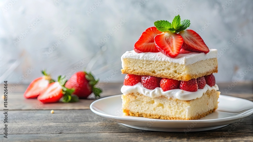 Delicious Strawberry Shortcake Dessert Layers of Sponge Cake, Whipped Cream, and Fresh Strawberries on a Plate Delicious Strawberry Shortcake Dessert Layers of Sponge Cake, Whipped Cream, and Fresh Strawberries on a Plate