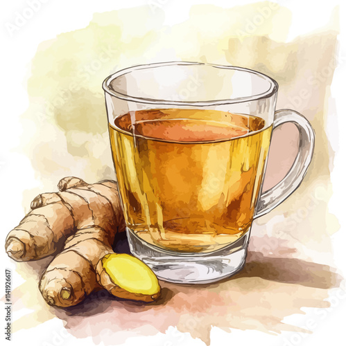 Watercolor ginger tea in a glass on white background vector illustration art.