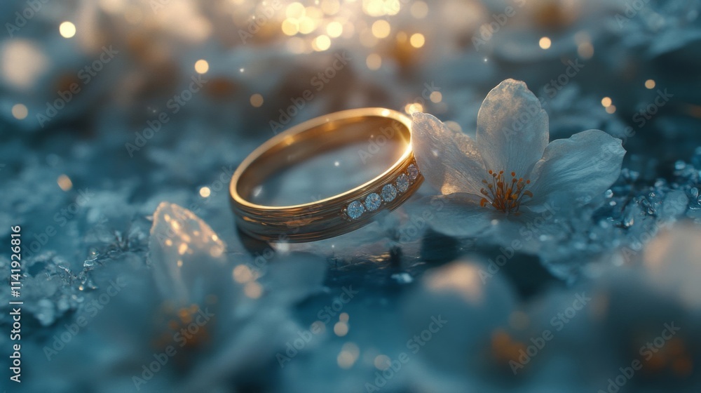 Gold Diamond Ring Among Delicate White Blossoms Gold Diamond Ring Among Delicate White Blossoms