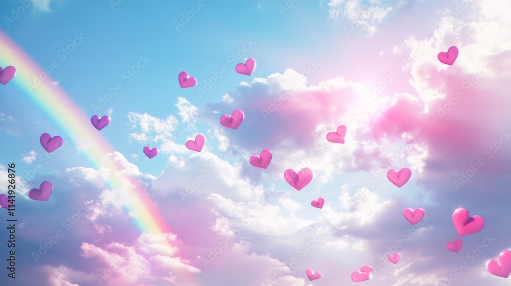 Pink heart background floating in the sky with clouds and rainbow. Valentine's Day concept Ultra-realistic photography Pink heart background floating in the sky with clouds and rainbow. Valentine's Day concept Ultra-realistic photography