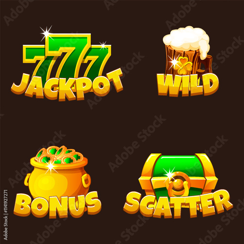 St Patrick day green-golden icons for your game or slots. Slot symbols- clover, cauldron of golden coins, mug of beer, green chest,coin and luck number 777. Jackpot,wild, scatter and bonus symbols.