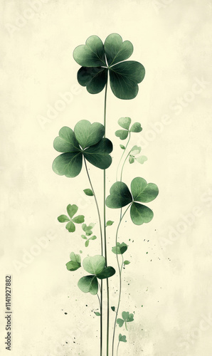 Artistic illustration of four-leaves clovers gracefully arranged against a vintage-style background. Ideal for themes of nature, luck, and minimalistic elegance.