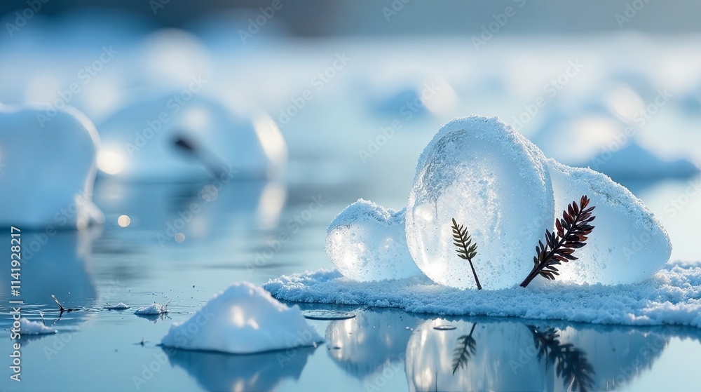 Frozen Delicate Beauty Ice Sculptures Adorned with Winter Flora on a Serene Frozen Water Surface Frozen Delicate Beauty Ice Sculptures Adorned with Winter Flora on a Serene Frozen Water Surface