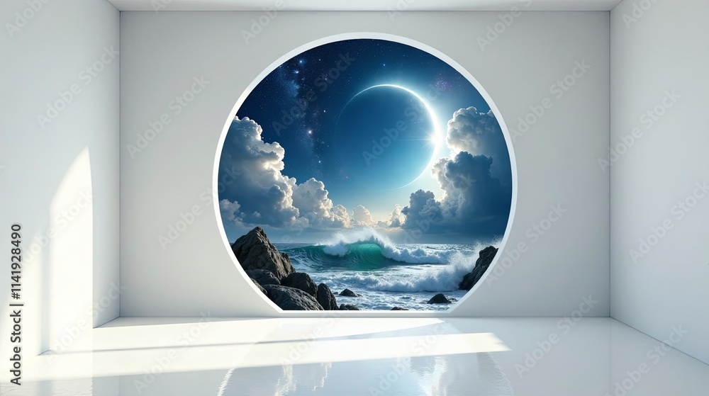 Serene Ocean Waves Crashing Against Rocks Underneath a Night Sky with a Partial Eclipse Seen Through a Circular Window in a Minimalist Room Serene Ocean Waves Crashing Against Rocks Underneath a Night Sky with a Partial Eclipse Seen Through a Circular Window in a Minimalist Room