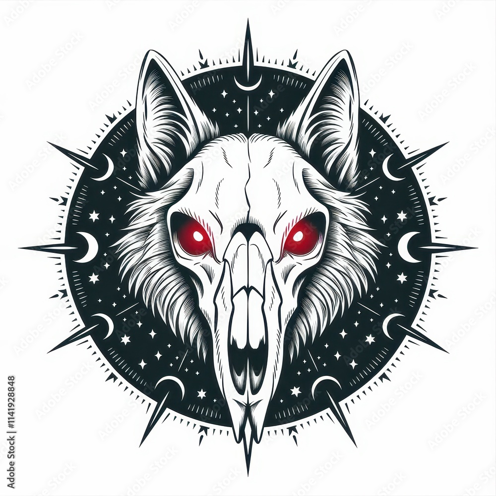 Obraz premium Glowing Eyed Wolf Skull Celestial Design