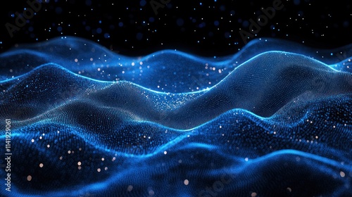 Abstract blue glowing particle wave surface.