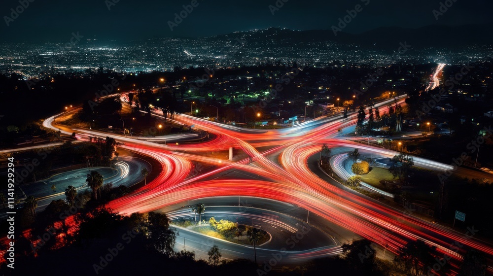 Aerial view of light trails on road at night. Aerial view of light trails on road at night.