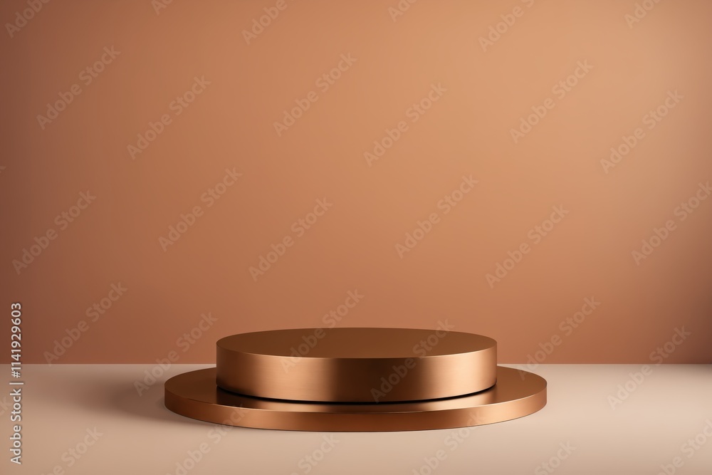 Copper-colored podium stands on cream surface Copper-colored podium stands on cream surface