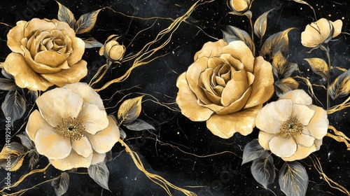 Golden Roses and Floral Design on Black Marble