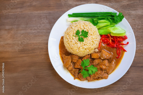 Chinese style chicken gravy fragrant with sesame oil and steamed jasmine brown rice with side dishes of scallions, cucumber, cilantro, red chilli in white plate on wooden table.