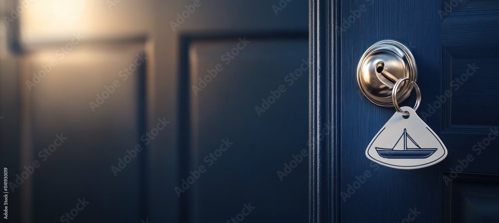 Key in a door lock with boat key chain. Key in a door lock with boat key chain.