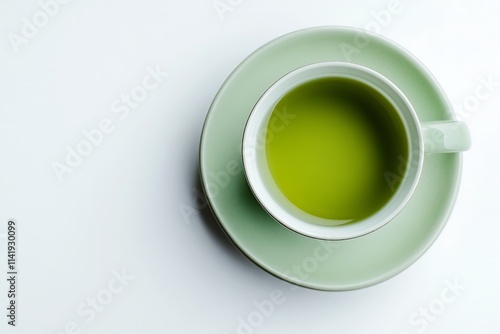 Simple green tea cup with saucer on white surface