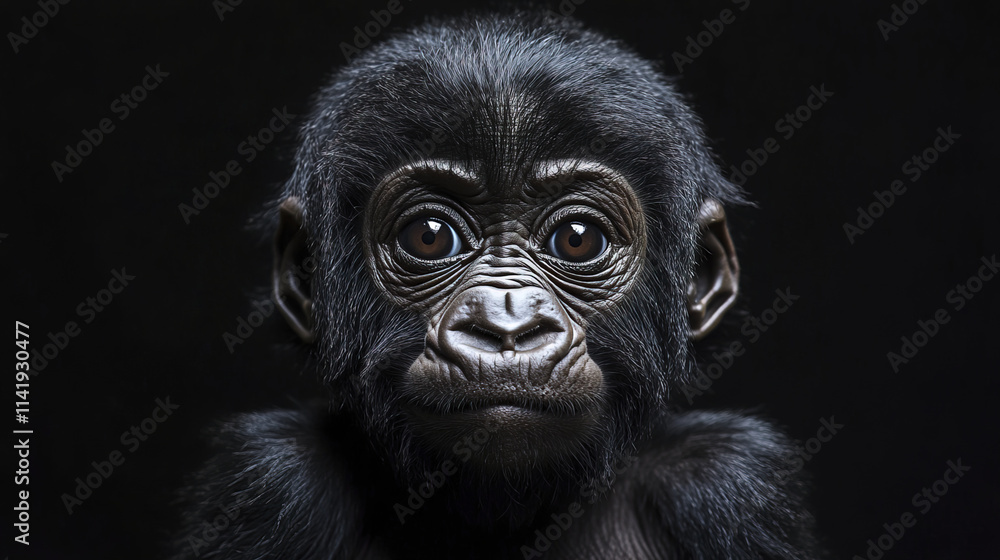 Obraz premium baby gorilla with expressive eyes isolated against black background