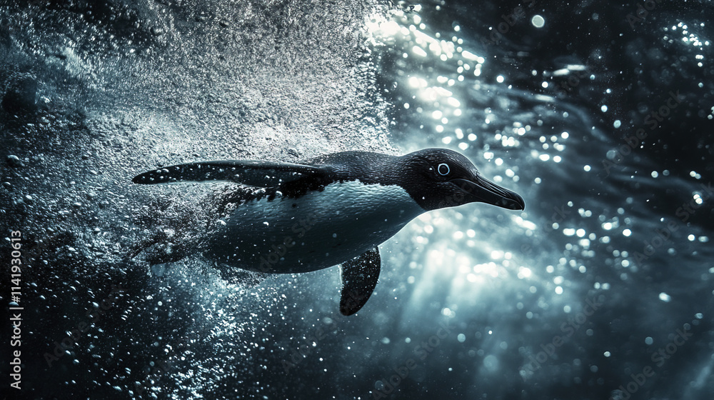 Obraz premium penguin swimming gracefully underwater, surrounded by bubbles and light