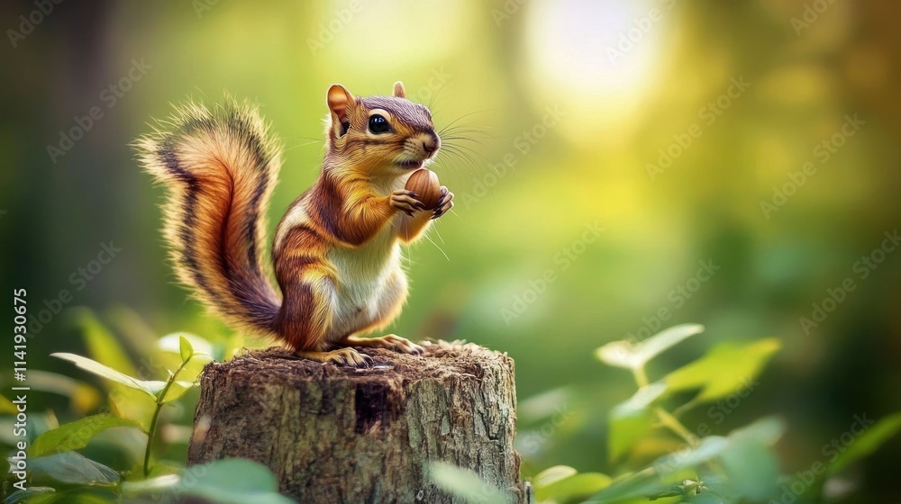Chipmunk on a stump, holding acorn. Chipmunk on a stump, holding acorn.