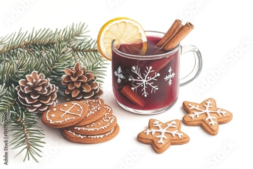 illustration of mulled wine, with cinnamon stick and lemon, gingerbread cookies.