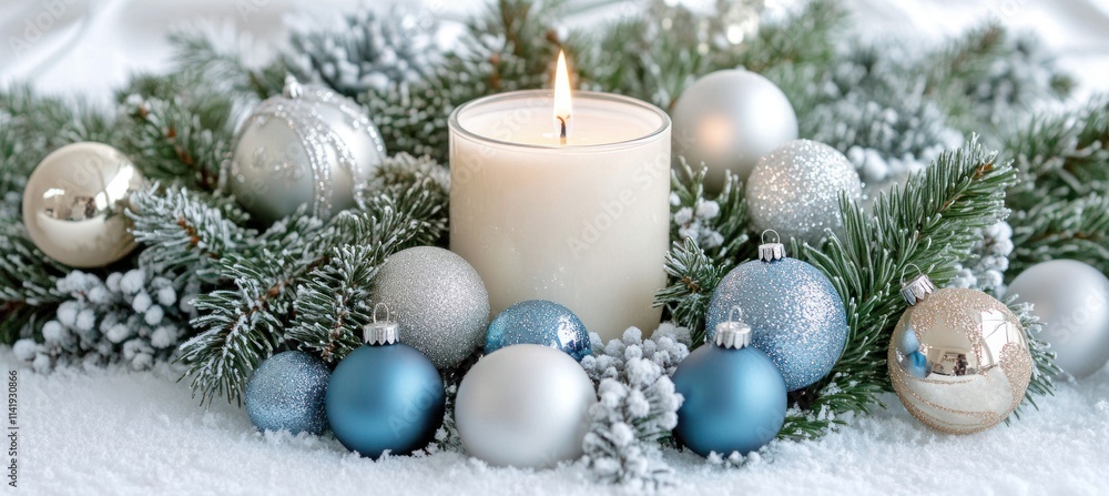 Festive holiday arrangement with candle, ornaments, pine branches, and snow. Festive holiday arrangement with candle, ornaments, pine branches, and snow.