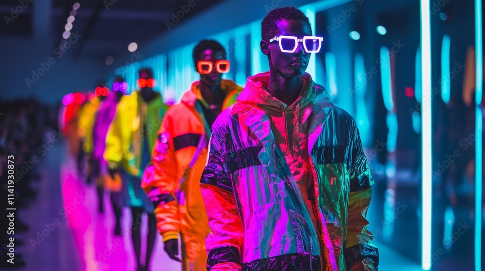 Obraz premium A group of men are walking down a runway wearing neon colored clothing