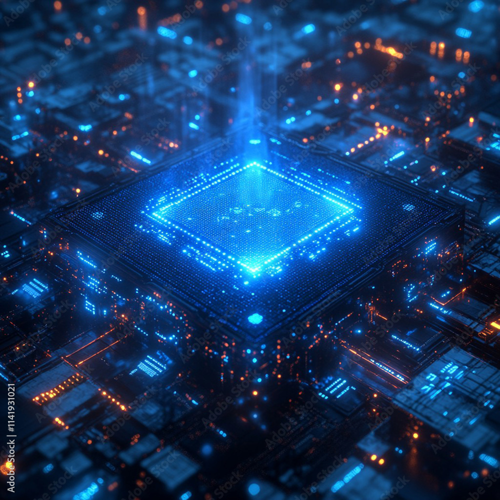 Futuristic Close-Up of a High-Tech Microprocessor with Neon Lights and Complex Circuit Patterns in a Digital Environment Futuristic Close-Up of a High-Tech Microprocessor with Neon Lights and Complex Circuit Patterns in a Digital Environment