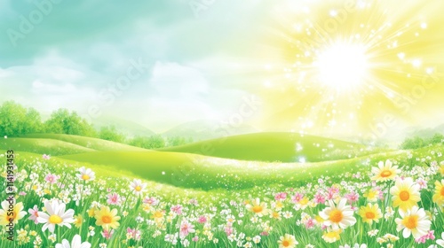 Bright sunny day over green field with flowers and gentle hills.