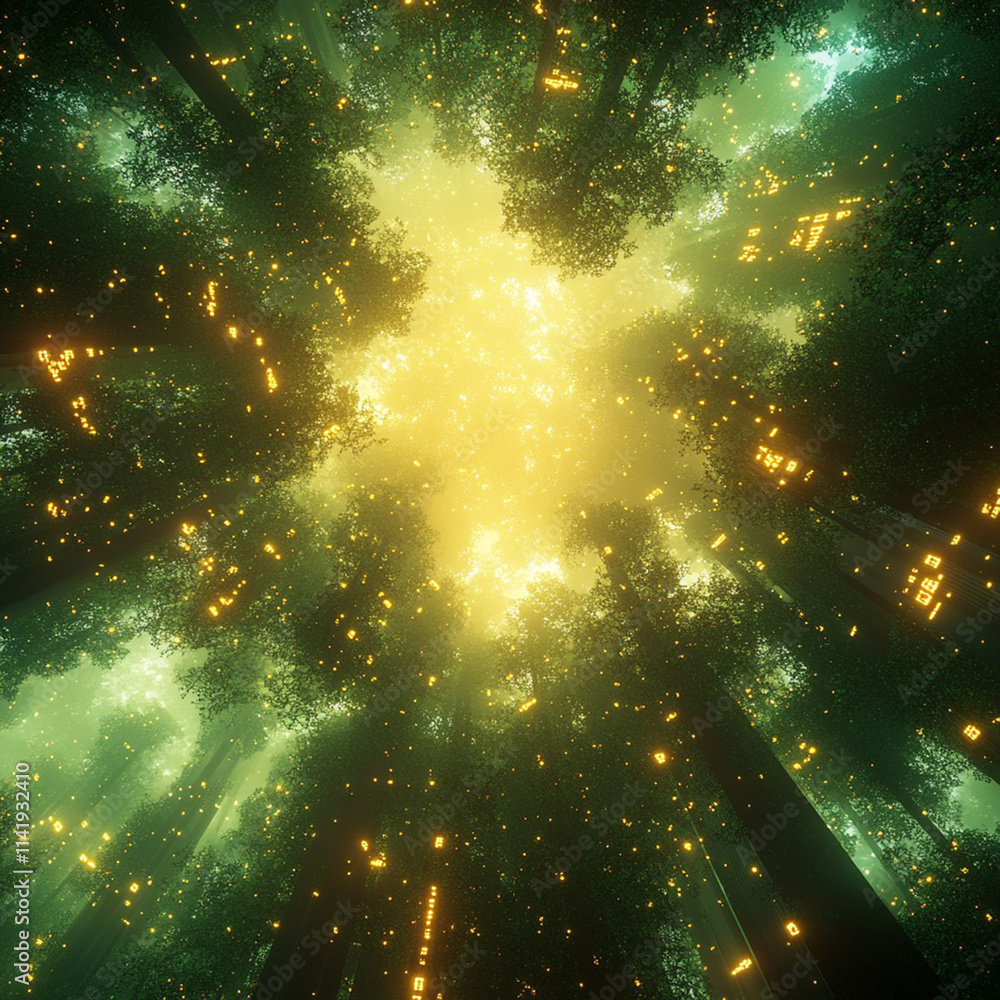 Enchanting Forest Scene with Glowing Light and Abstract Trees Illuminating a Mystical Atmosphere Surrounded by Lush Green Foliage and Ethereal Ambience Enchanting Forest Scene with Glowing Light and Abstract Trees Illuminating a Mystical Atmosphere Surrounded by Lush Green Foliage and Ethereal Ambience