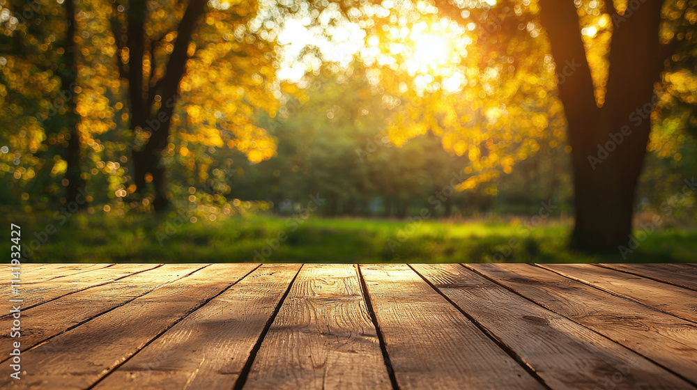 Serene Wooden Table Under Golden Autumn Sunlight with Blurred Nature Background of Trees and Green Grass in a Peaceful Outdoor Setting Serene Wooden Table Under Golden Autumn Sunlight with Blurred Nature Background of Trees and Green Grass in a Peaceful Outdoor Setting