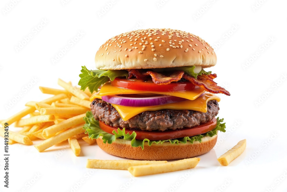 Burger and French fries on clean white background Burger and French fries on clean white background