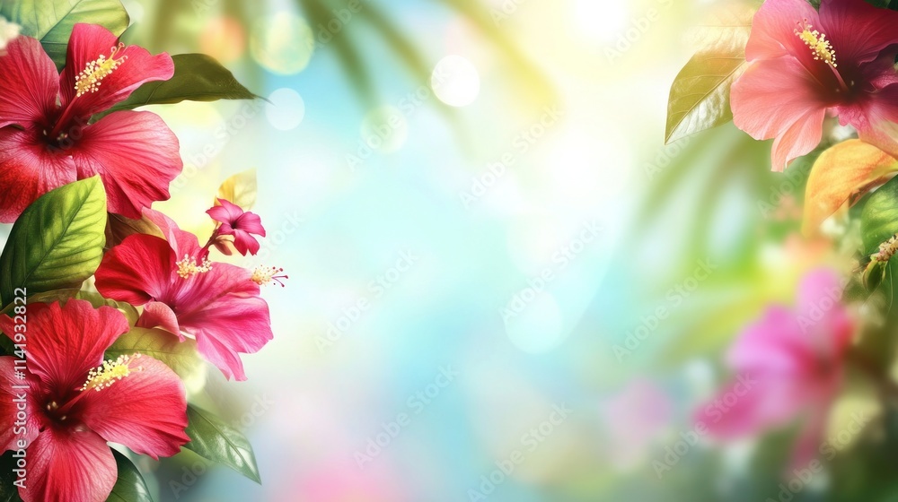 Hibiscus flowers border a vibrant bokeh backdrop. Hibiscus flowers border a vibrant bokeh backdrop.