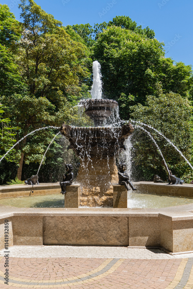 Fototapeta premium Figures of four boys are located under streams of water. Four bronze frogs with streams of water are located around pool. Frogs Fountain is located in central park. Stavropol, Russia - May 23, 2024