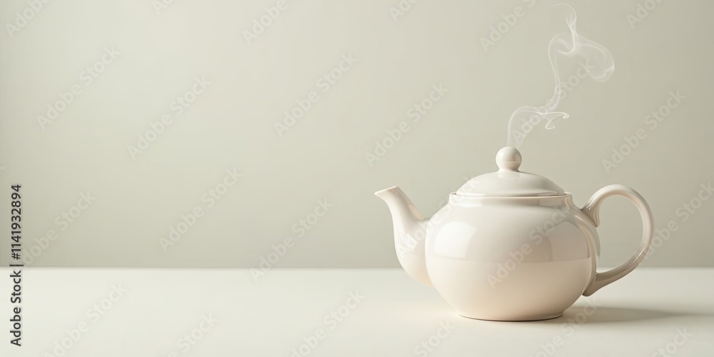 A steaming off-white teapot sits on a minimalist table against a muted background A steaming off-white teapot sits on a minimalist table against a muted background