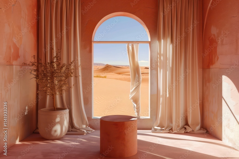 Elegant Circular Podium Before Arch-Shaped Window with Warm Golden Light and Marble Decor, endless desert landscape with golden sand dunes under soft light. Elegant Circular Podium Before Arch-Shaped Window with Warm Golden Light and Marble Decor, endless desert landscape with golden sand dunes under soft light.