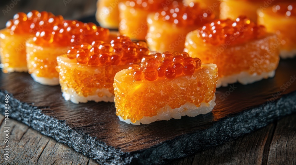 Salmon and salmon roe sushi on a dark slate plate. Salmon and salmon roe sushi on a dark slate plate.