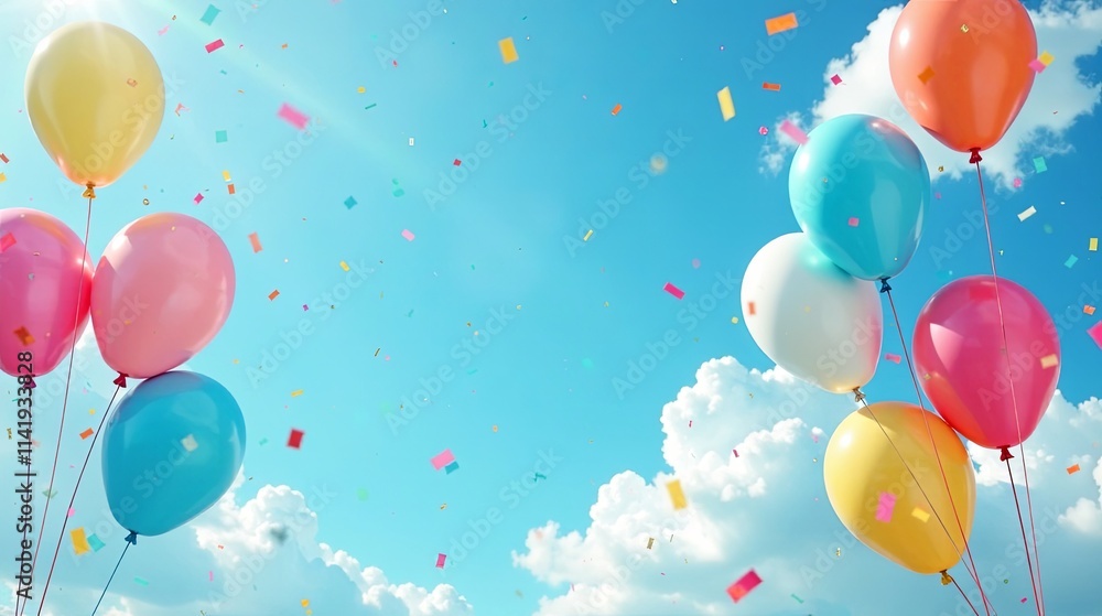 Pastel Balloons Ascending Against a Vivid Blue Sky, Celebratory Confetti Falling Gracefully Pastel Balloons Ascending Against a Vivid Blue Sky, Celebratory Confetti Falling Gracefully