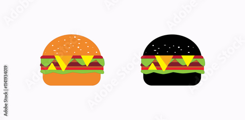Two burgers are depicted, one with an orange bun and the other with a black bun. Both have similar fillings: lettuce, cheese, tomato, and a patty. The contrast in bun colors makes the image visually s