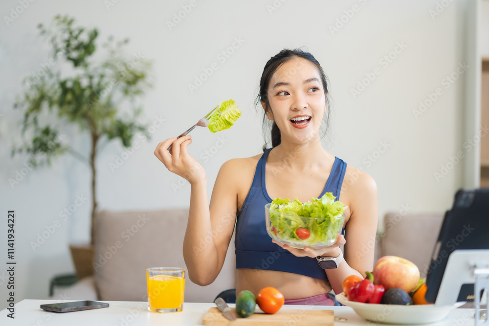 Fit woman enjoys healthy fruit breakfast after yoga training. fitness, nutrition, healthy lifestyle. Fit woman enjoys healthy fruit breakfast after yoga training. fitness, nutrition, healthy lifestyle.