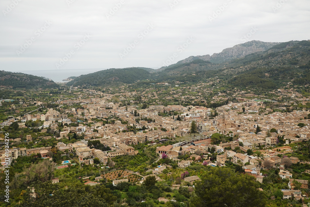 The panorama of Soller from Ses Tres Creus, Mallorca, Spain The panorama of Soller from Ses Tres Creus, Mallorca, Spain