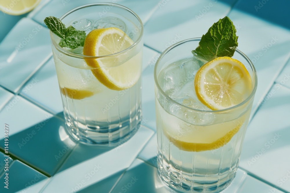 Two lemonades with mint on blue tiled surface. Two lemonades with mint on blue tiled surface.