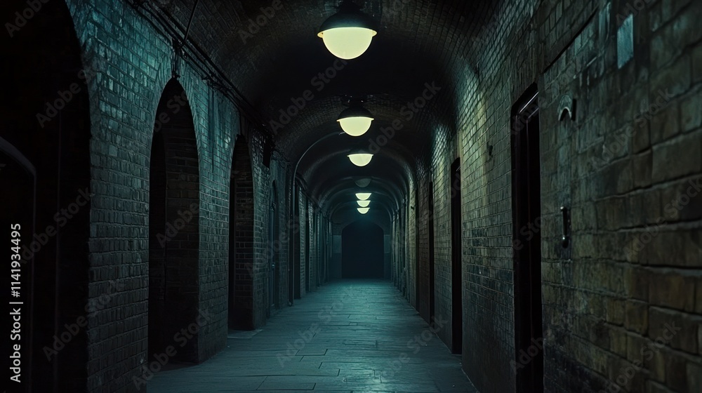 Dark arched brick tunnel with lit lamps. Dark arched brick tunnel with lit lamps.