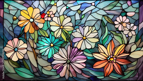 Colorful stained glass flowers as a background. 