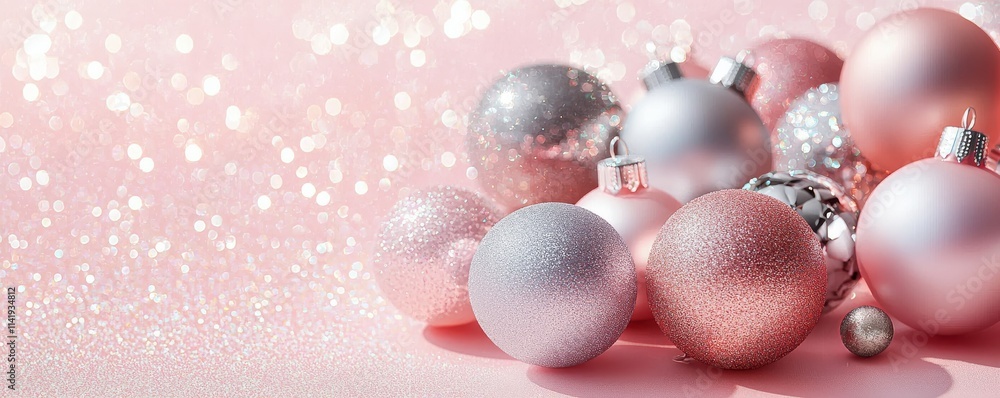 A beautiful arrangement of sparkling pink and silver Christmas ornaments on a soft pink background, evoking festive cheer and holiday spirit. A beautiful arrangement of sparkling pink and silver Christmas ornaments on a soft pink background, evoking festive cheer and holiday spirit.