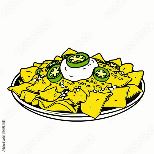 Cheesy Nachos with Jalapeños and Sour Cream – Black Outline Vector Illustration
