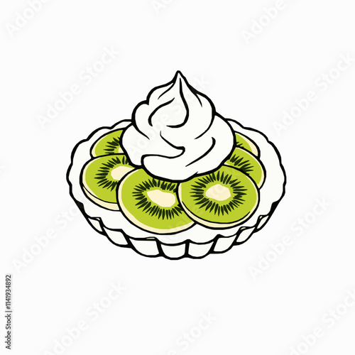 Kiwi Tart with Whipped Cream – Black Outline Vector Illustration photo